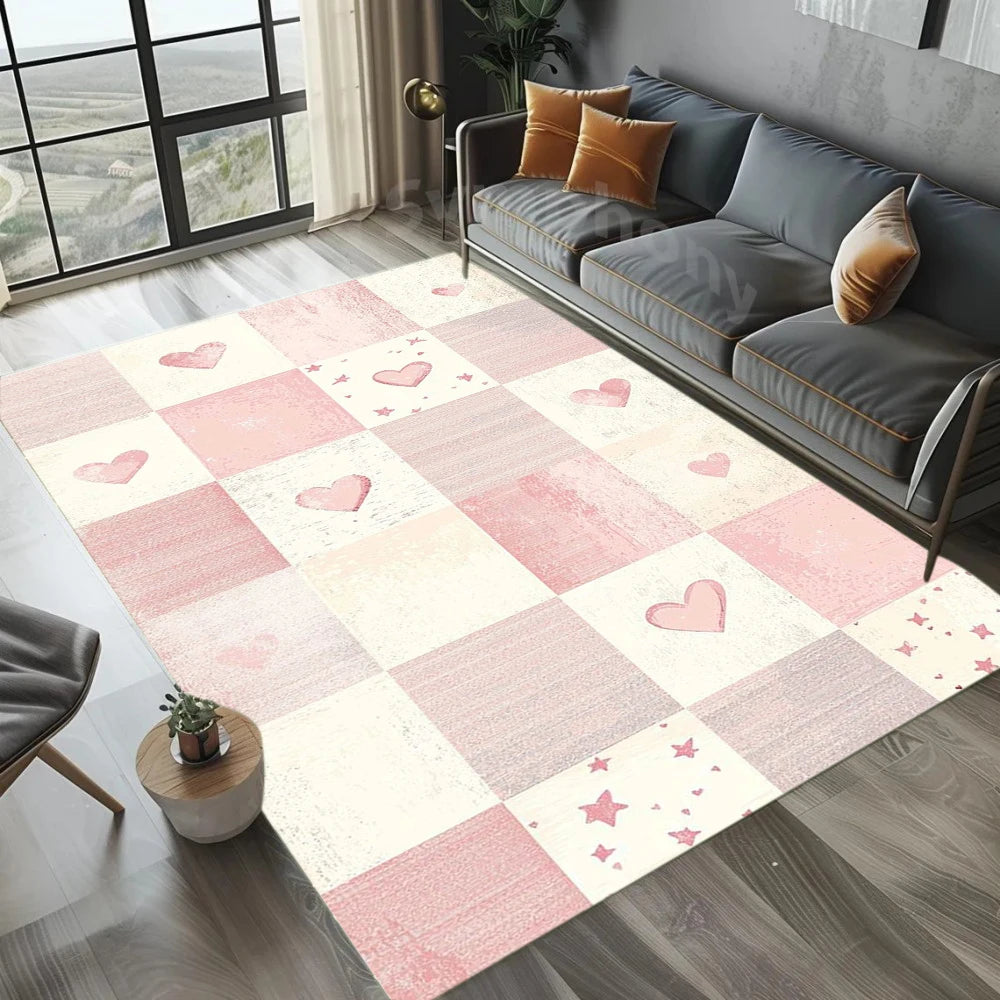 tapis moderne rose blanc gris bleu carrés coeurs étoiles antidérapant lavable salon chambre fille