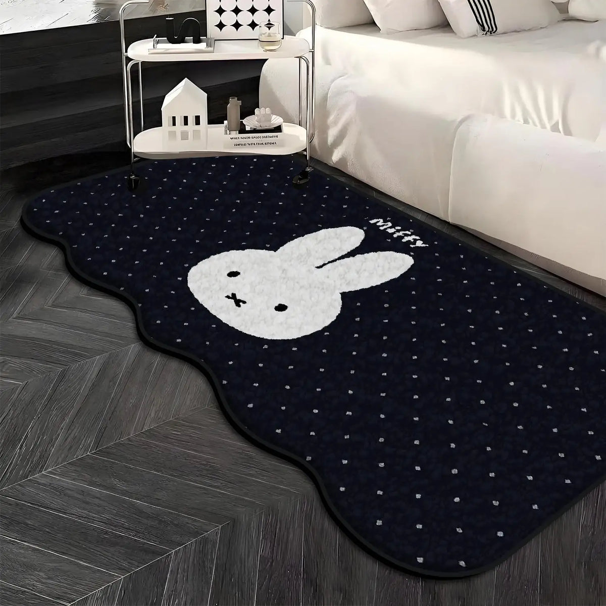 tapis kawaii miffy bleu blanc points visage lapin moderne 40x120cm 50x120cm absorbant eau resistant