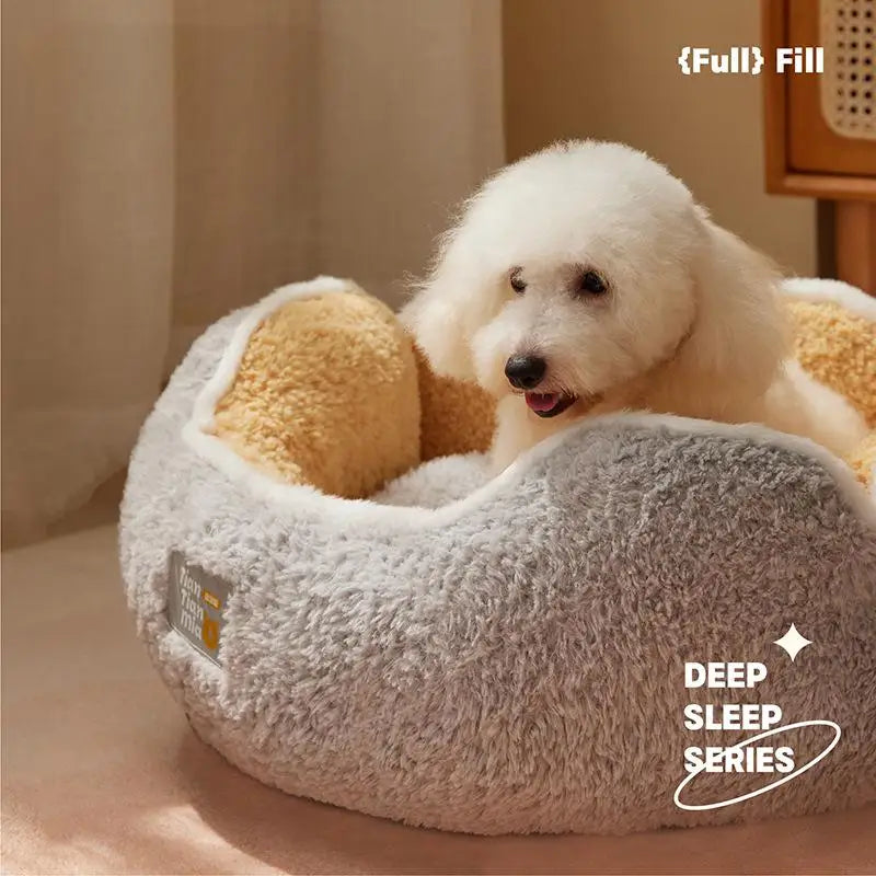 coussin peluche rond doux chat chien lit animal confortable beige gris vert
