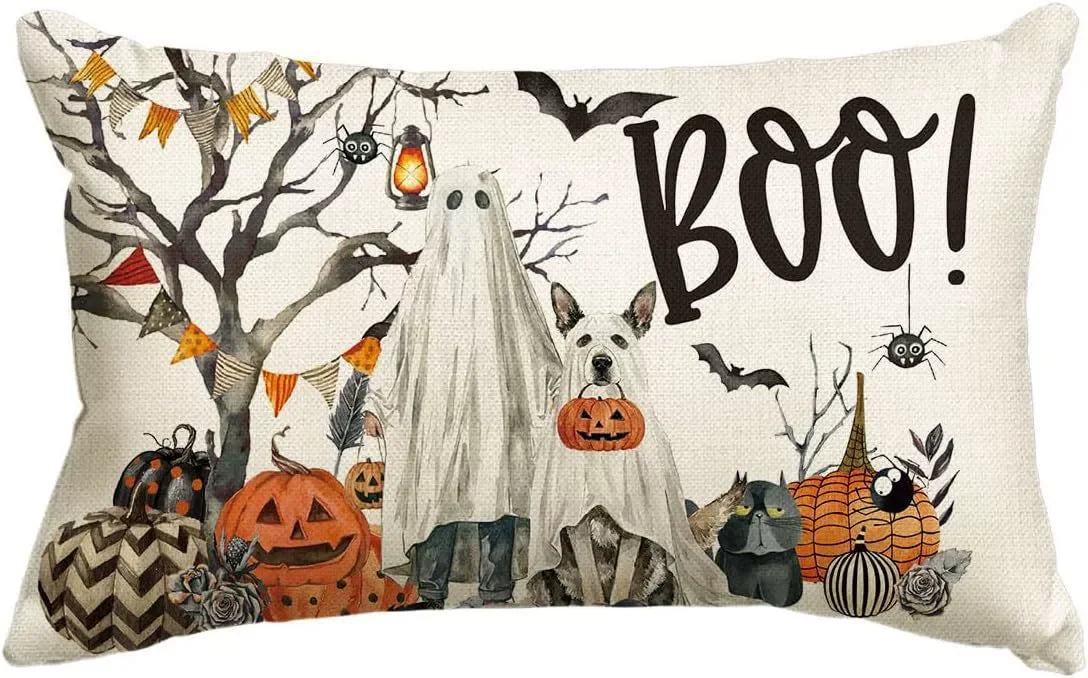 housses d'oreiller fantômes imprimées décoration halloween noires blanches adhésives maison hospitalières