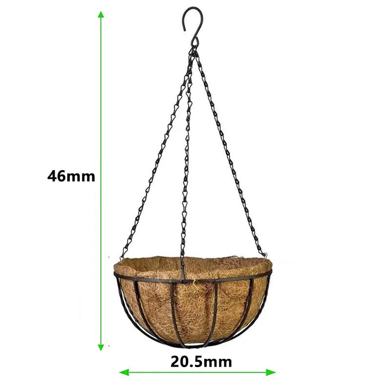panier suspendu marron clair coquille noix coco cadre fer noir classique rustique crochets métalliques