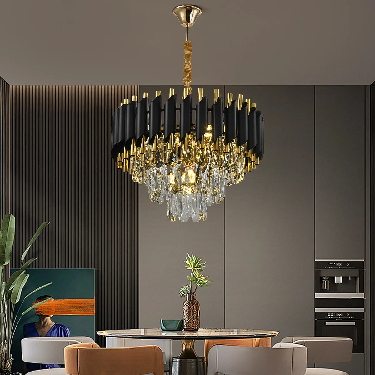 lustre contemporain élégant noir doré cristal transparent ampoules led 100cm large