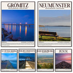 Affiches touristiques d'endroits pittoresques de Schleswig-Holstein, en Allemagne, montrant des paysages et des attractions naturelles de la région.