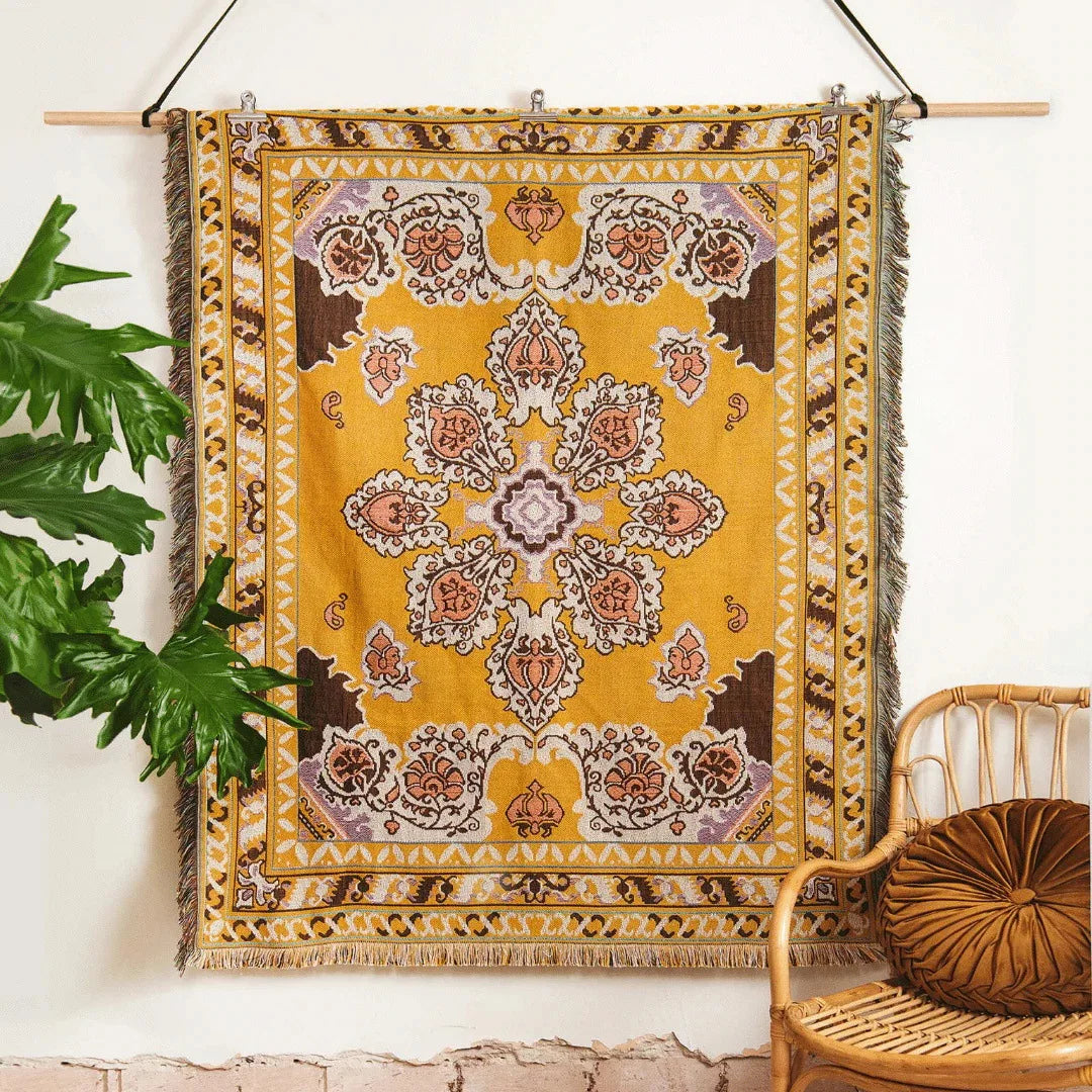 tapis boho floral franges crochet marron jaune beige rose vert