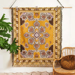 tapis boho floral franges crochet marron jaune beige rose vert