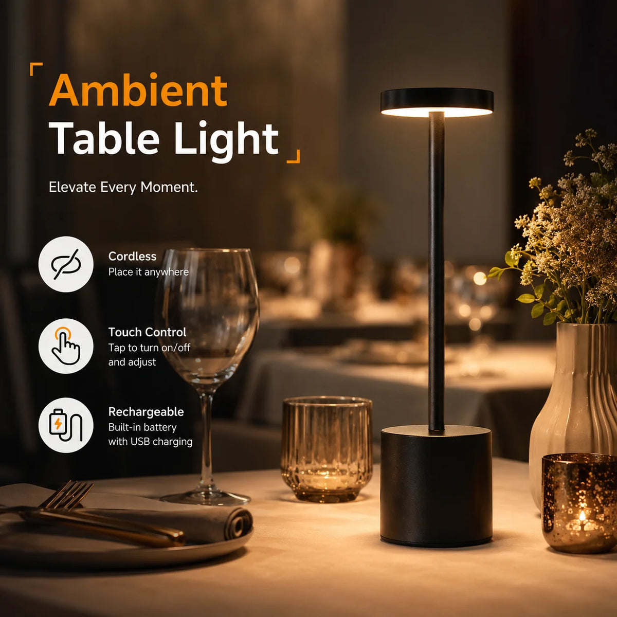 lampe table rechargeable noir moderne minimaliste interrupteur tactile 3000 6500k fer opacité 8x34cm
