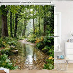 rideau douche polyester paysage forestier ruisseau naturel vert marron jaune blanc 180x180cm tringle rideau