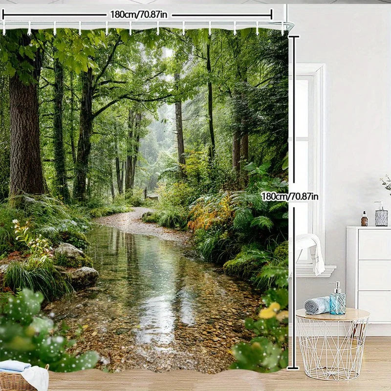 rideau douche polyester paysage forestier ruisseau naturel vert marron jaune blanc 180x180cm tringle rideau