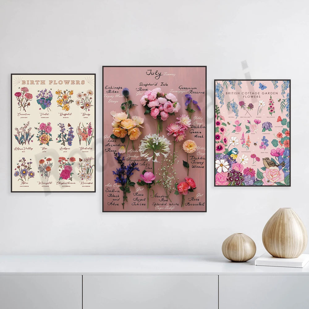 Affiche florale montrant les fleurs associées à chaque mois de l'année, avec un arrangement floral représentant le mois de juillet et une illustration des fleurs du jardin britannique.