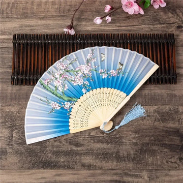 éventail traditionnel japonais bambou fleurs cerisier papillons pompon décoratif pliable violet