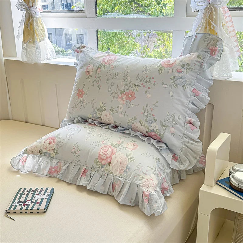 taies d'oreiller coton fleur vintage rose bleu beige romantique 48x74cm