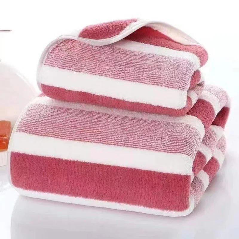 serviettes bain polaire rayures vert gris rose absorbantes épaisse toilette classique domestique