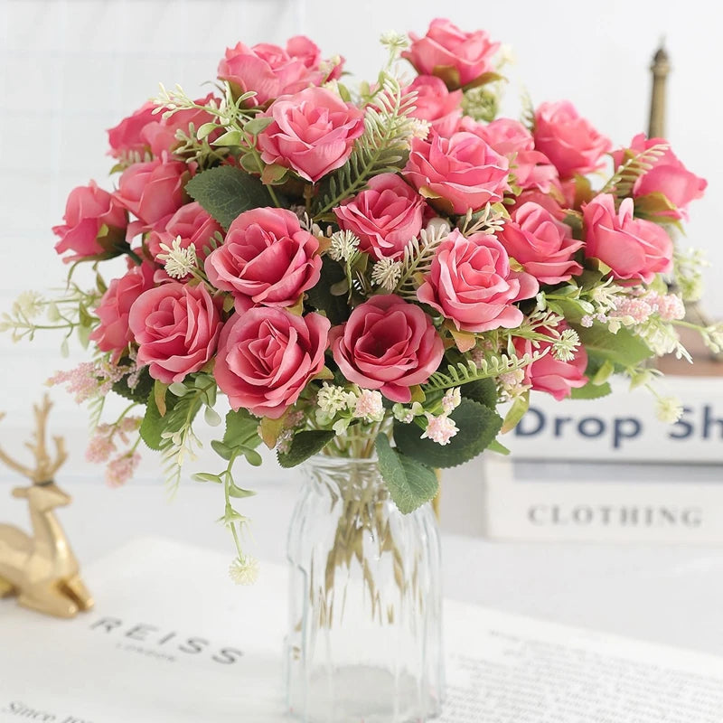 bouquet roses artificielles 30cm soie blanc rose rouge naturel decoration maison vase fleurs intérieur