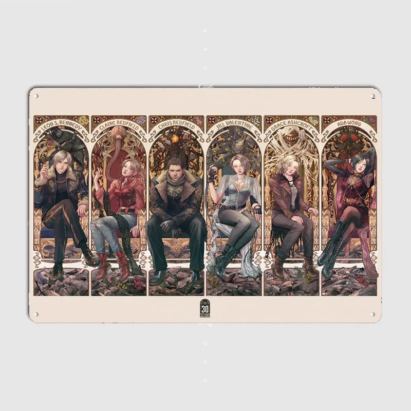 plaque métallique vintage resident evil group therapy illustration gris beige deco murale craft gift