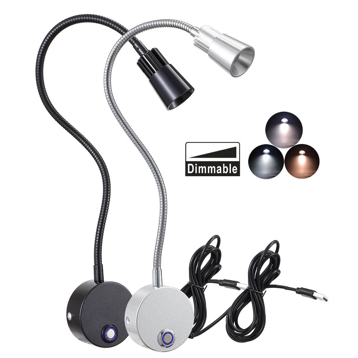 lampe murale led gooseneck réglable argentée moderne interrupteur tactile usb