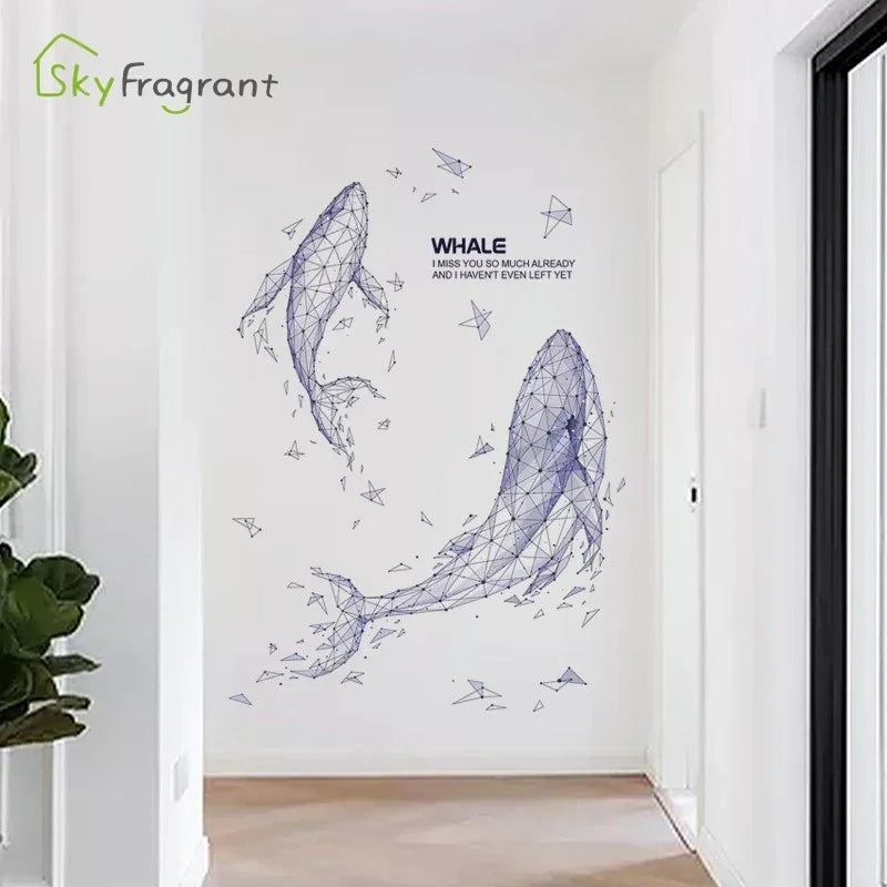 autocollant mural moderne baleine bleu gris blanc géométrique triangulaire salon chambre 60x90cm