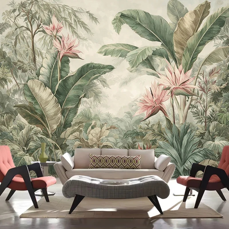 tapisserie murale bannière 2d jardin tropical feuilles bananier fleurs vintage naturelle