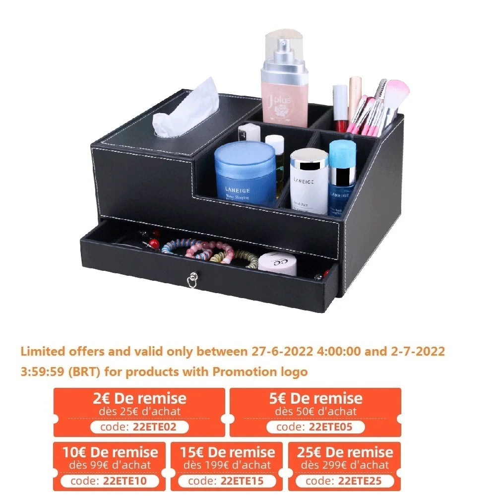 boîte rangement simili cuir noir poignée métallique moderne trousses maquillage produits cosmétiques pinceaux bijoux