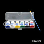 peintures acryliques bleu jaune vert rouge noir blanc étiquettes rondes clips contenants transparents