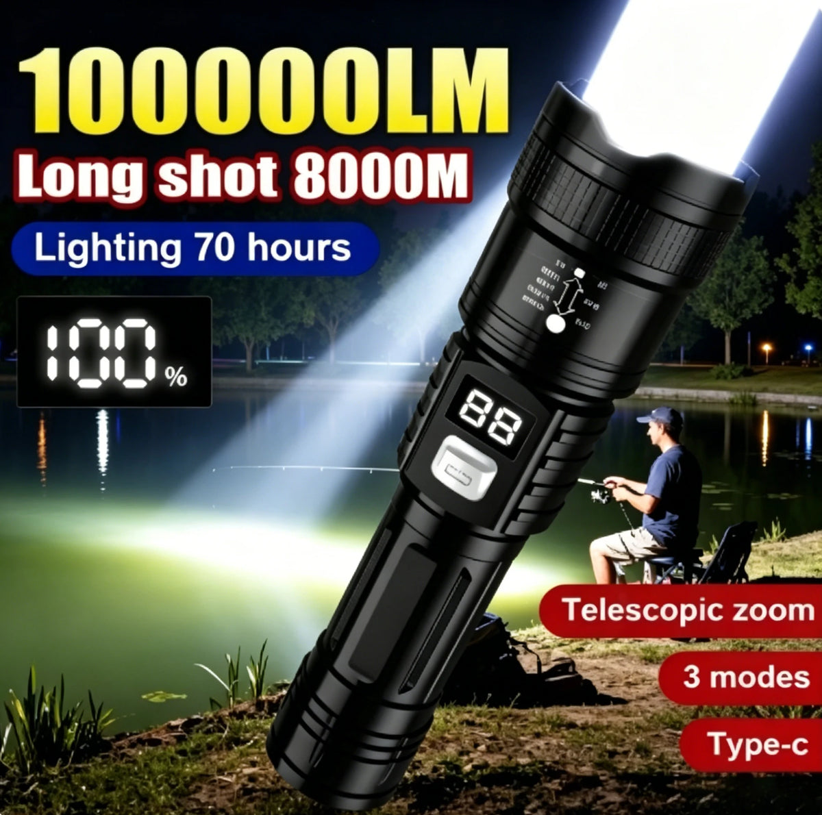 lampe torche led rechargeable super lumineuse 10000lm camping pêche randonnée étanche zoom réglable
