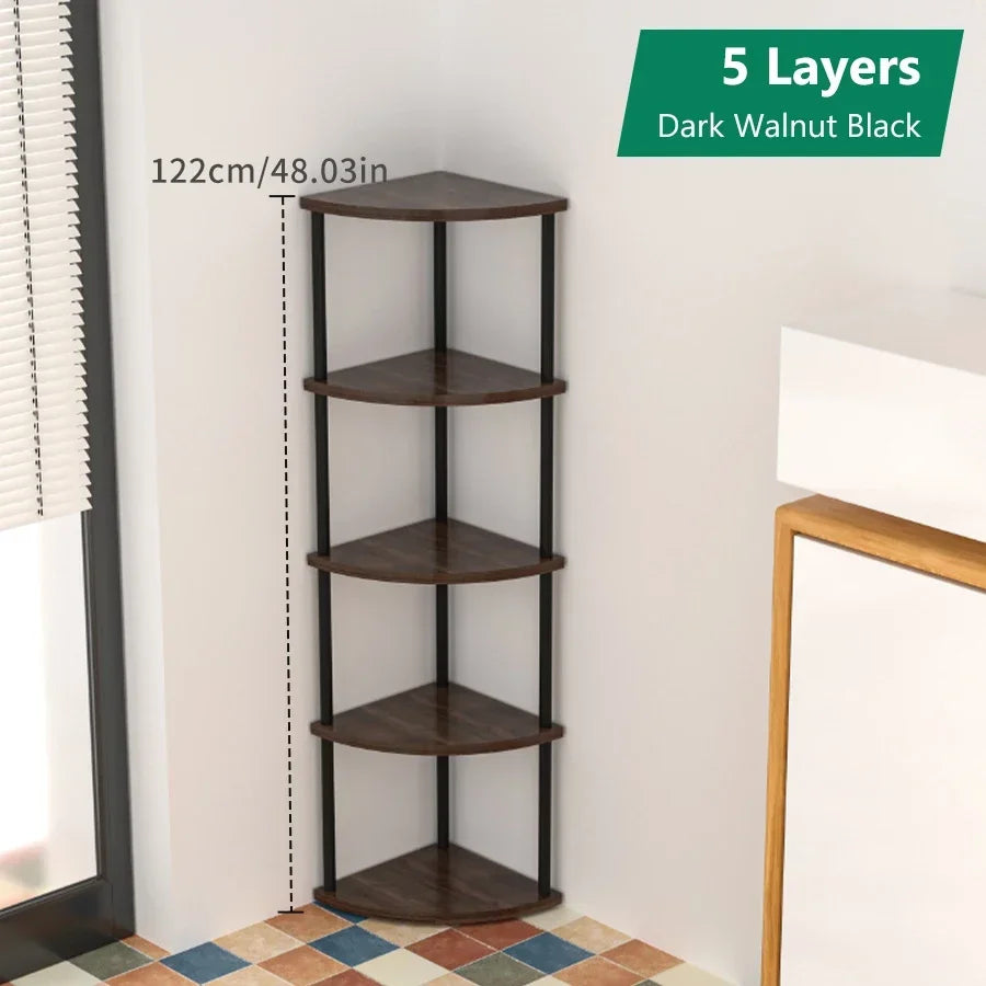 étagère angle bois moderne marron beige plateaux métal noire minimaliste compartments boîtes tissu