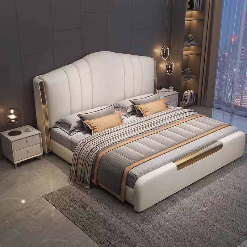 lit double moderne tête lit rembourrée matelas coussins tapis tabourets