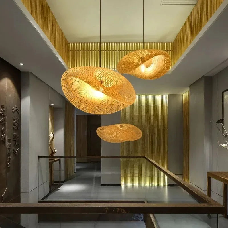 Suspension lumineuse tissée bambou naturel moderne salon chambre d'hôtel