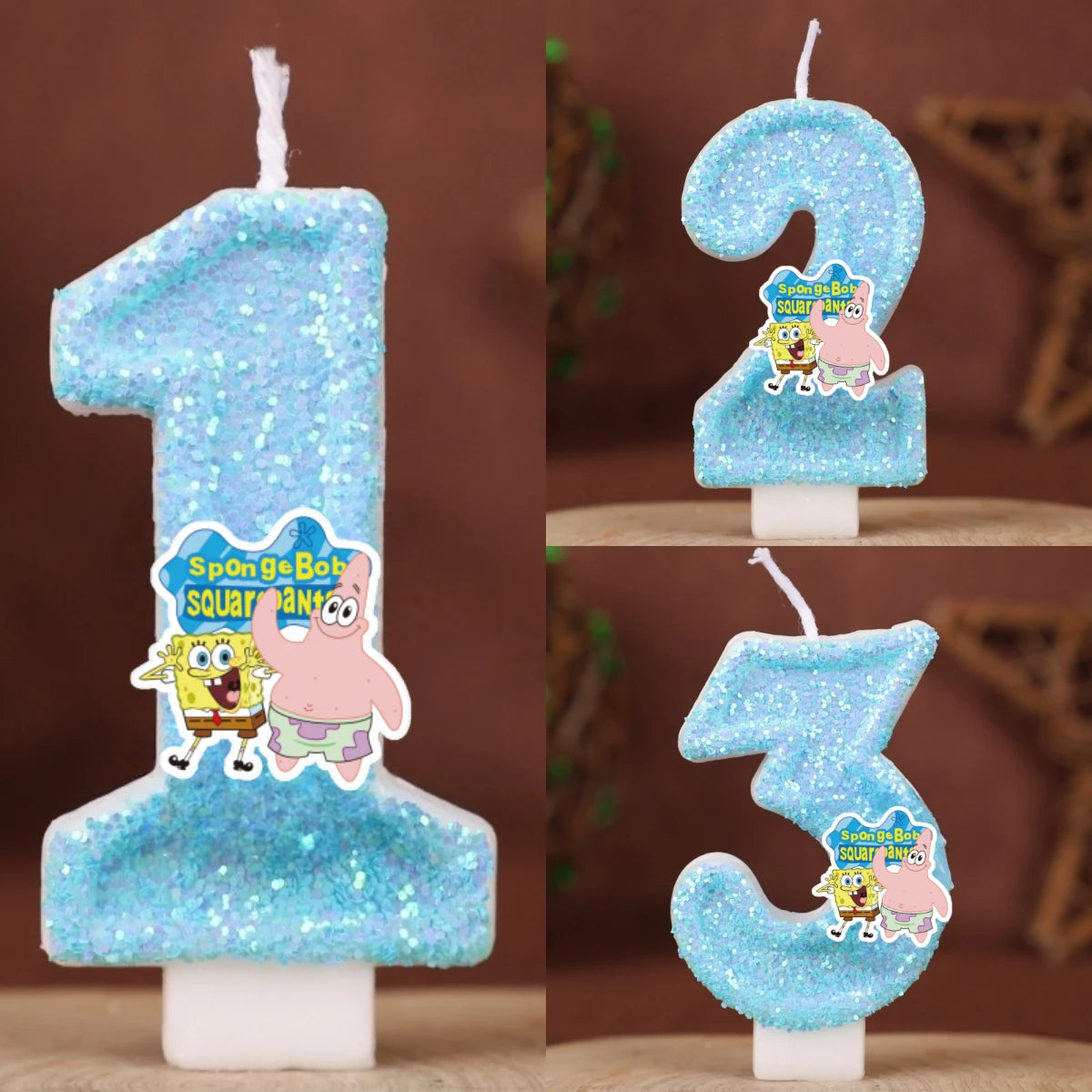 bougie chiffre anniversaire spongebob squarepants pailleté bleu argenté décoration gâteau enfant fête dessin animé