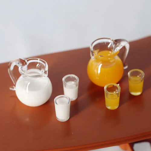 ensemble miniature vaisselle boissons jus lait accessoires poupée résine orange blanc transparent