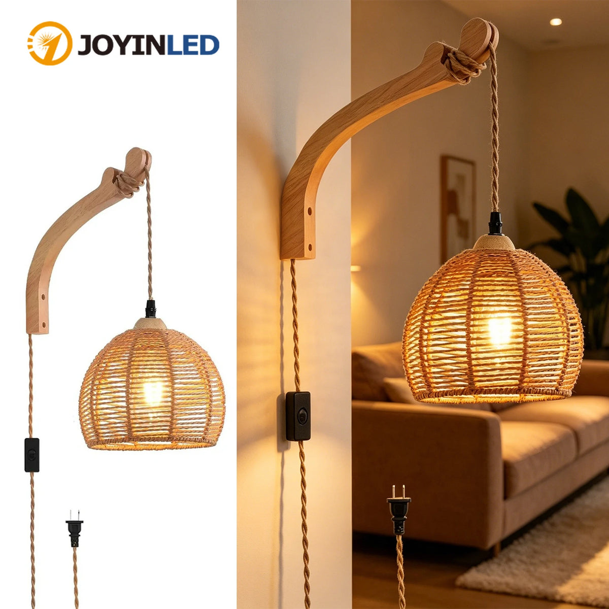 lampe murale suspendue tressée abatjour bois bohème rustique scandinave éclairage quotidien beige clair marronclair