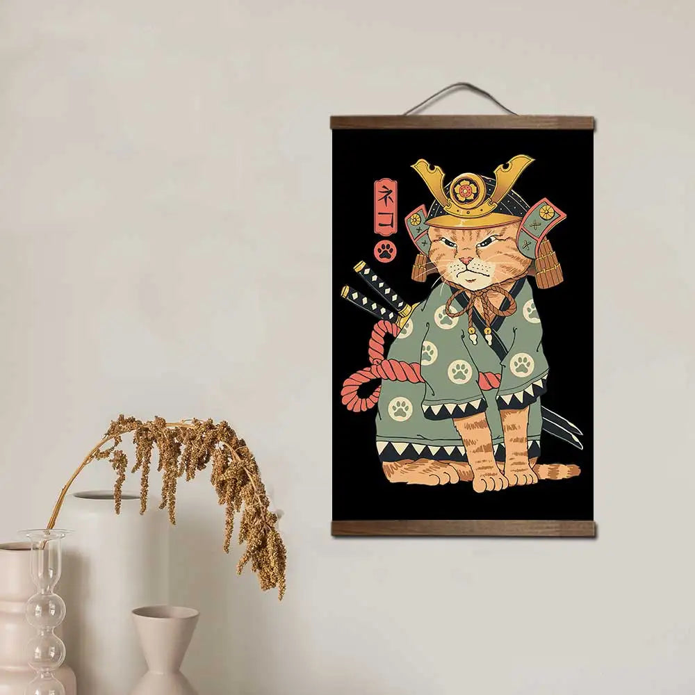 affiche toile cadre bois art japonais chat lapin samouraï décoration murale salon chambre
