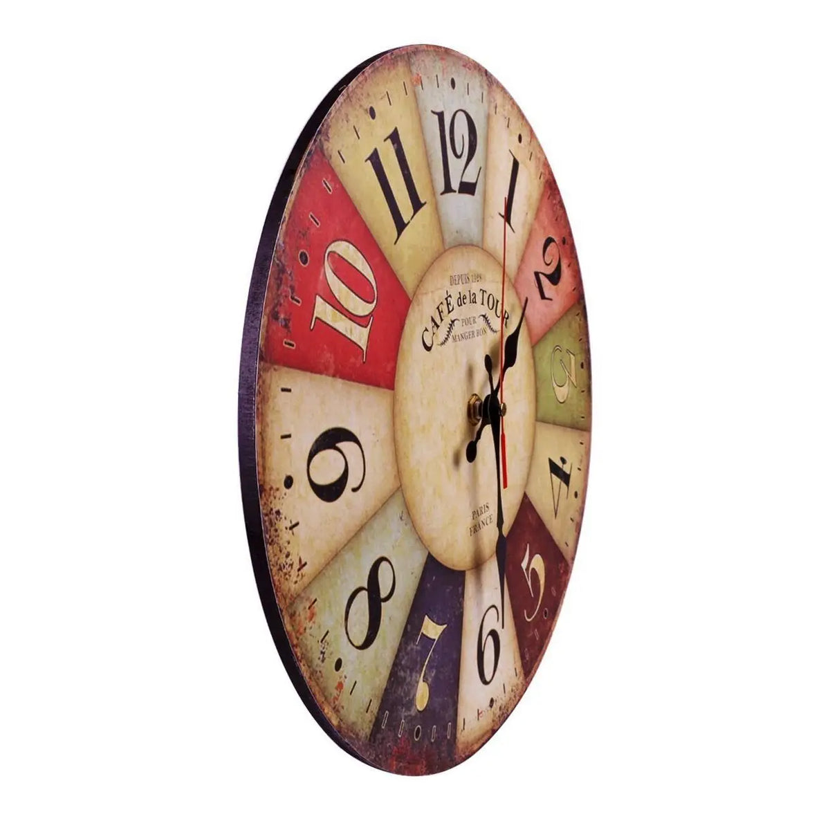 horloge murale vintage rustique couleurs vives chiffres grands effet vieilli analogique