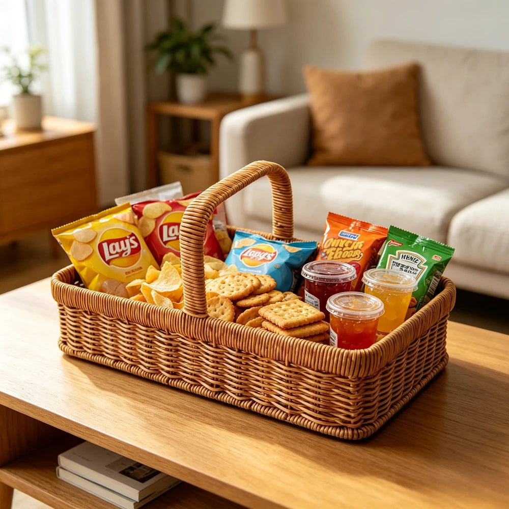 panier tressé marron clair poignées bois rustique cuisine salon snacks fruits légumes
