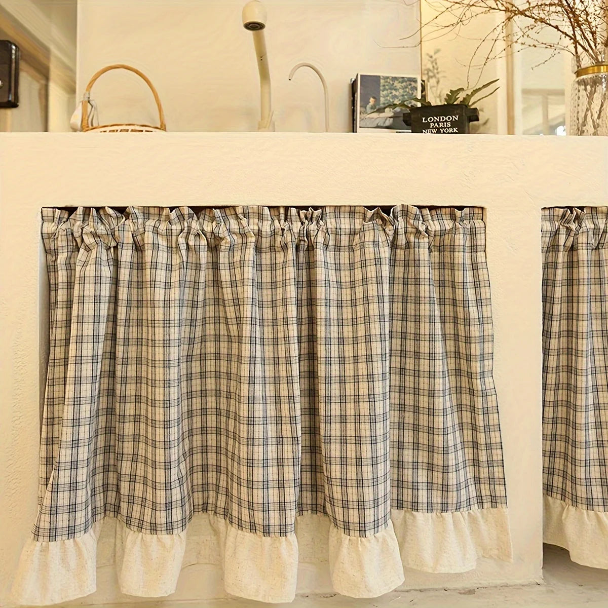 rideau vintage polyester carreaux beige gris opacique rustique cuisine salon