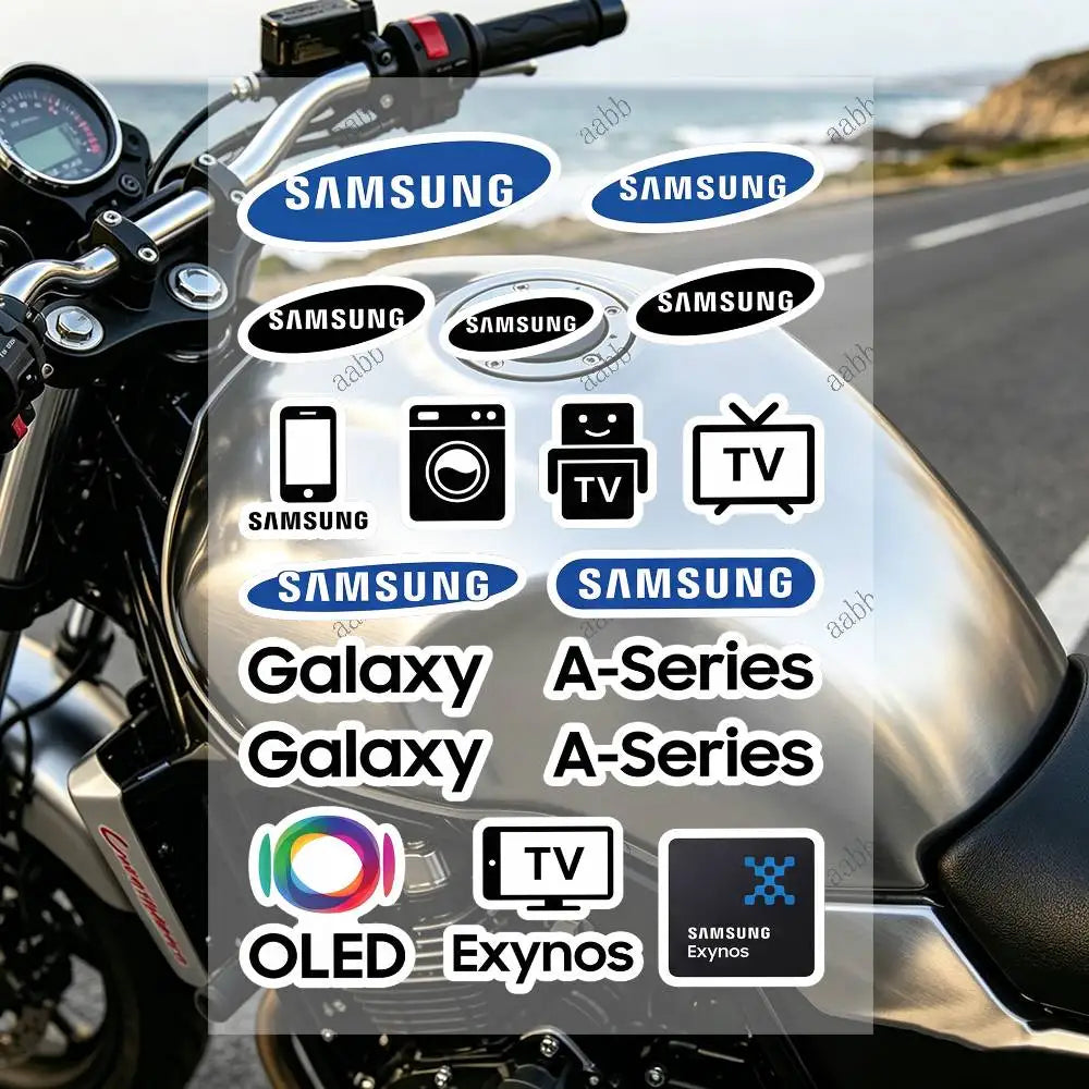 autocollants réfléchissants sécurité moto bleu blanc noir logos samsung modernes minimalistes
