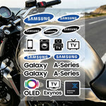 autocollants réfléchissants sécurité moto bleu blanc noir logos samsung modernes minimalistes