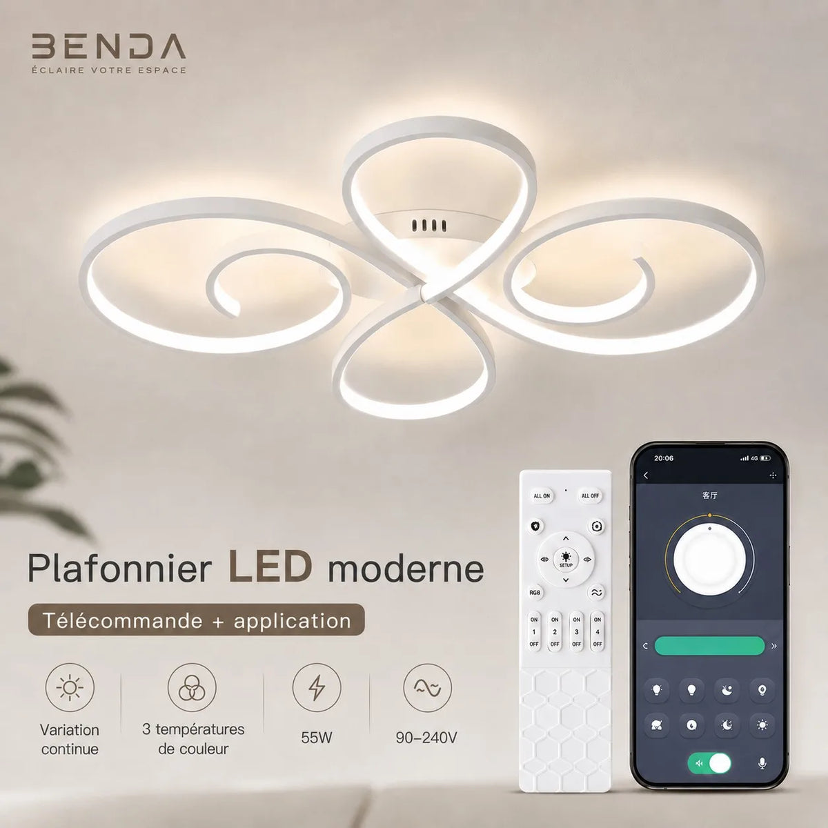 plafonnier led moderne blanc noir or spirales télécommande app variable