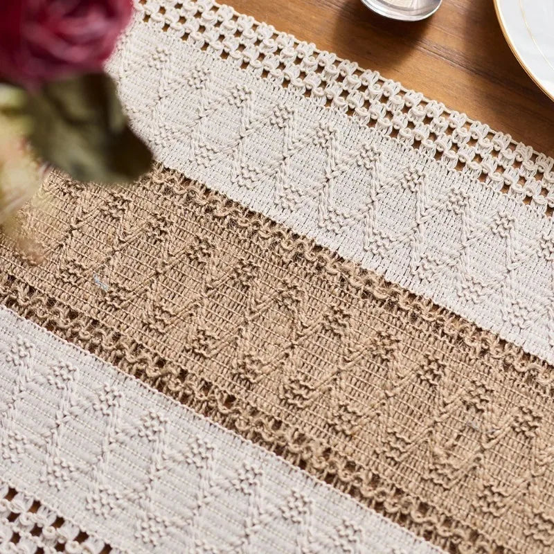 chemin table tressé rustique bohème beige marron blanc franges noel halloween pâques