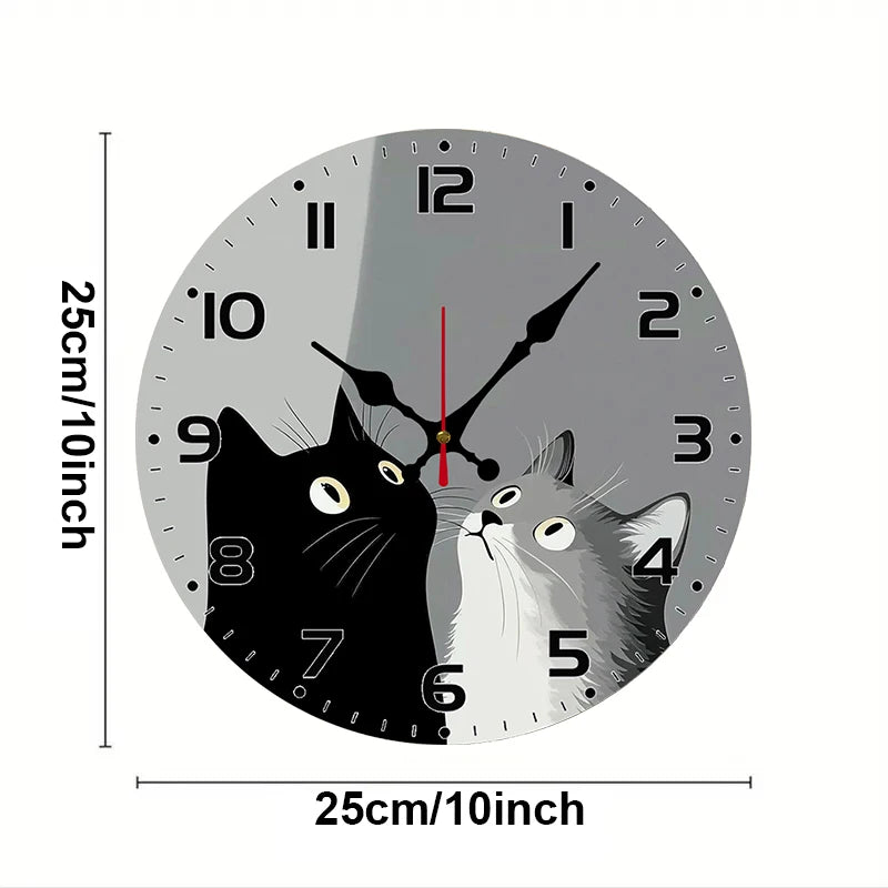horloge murale moderne chats noir blanc adhésive salon chambre decoration boisisée 25cm
