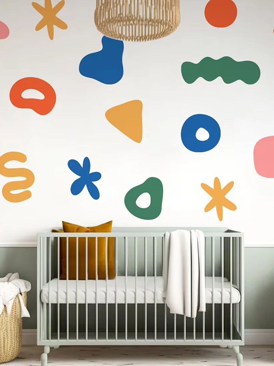 sticker mural géométrique fleurs simple moderne enfants bleu vert orange rose jaune gris blanc