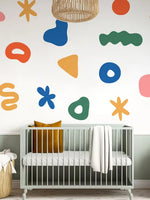 sticker mural géométrique fleurs simple moderne enfants bleu vert orange rose jaune gris blanc