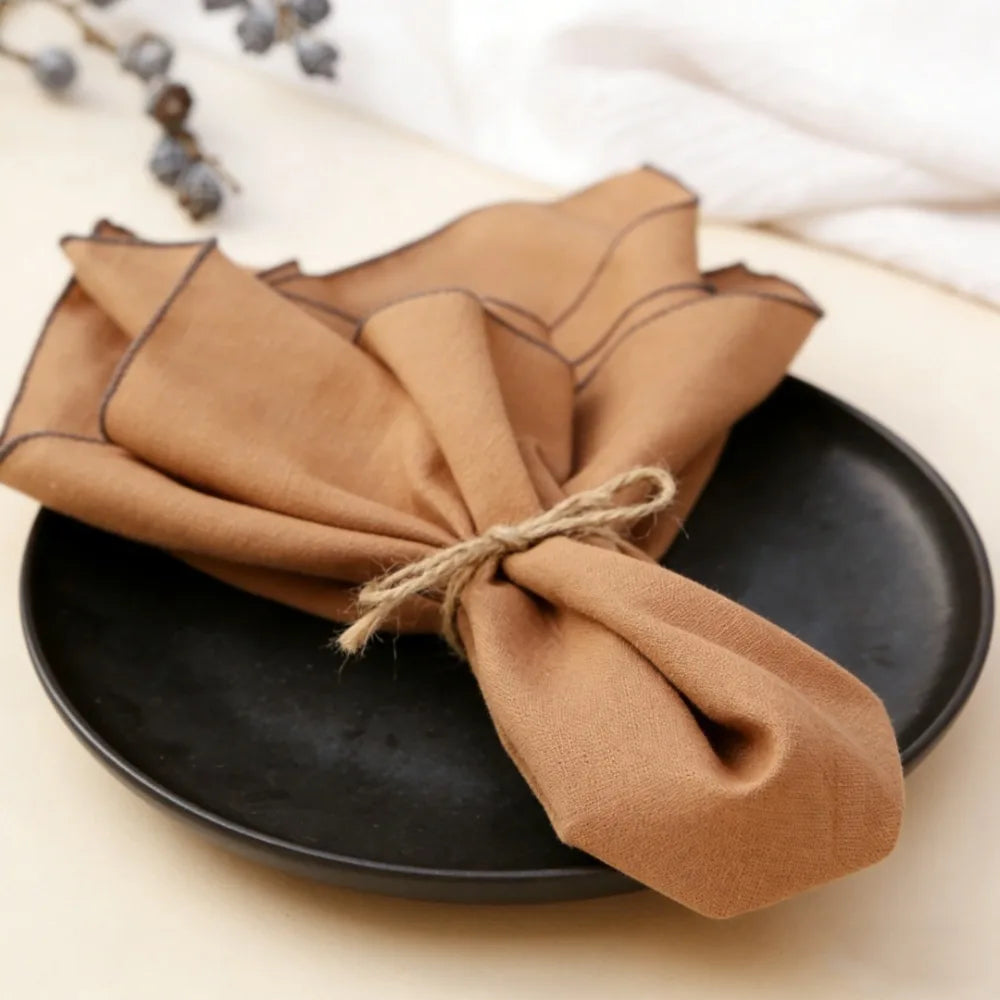 serviettes table blanc vert marron rayures classiques ruban coton fleur artificielle lavables cuisine