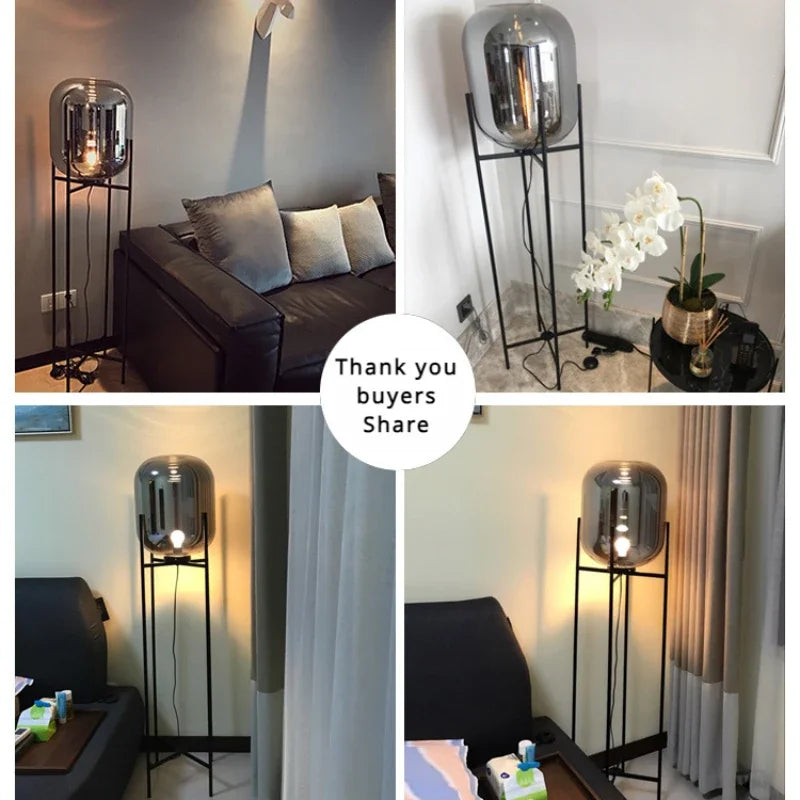 lampe sol moderne transparente ampoule filament noir gris fumé led verre minimaliste