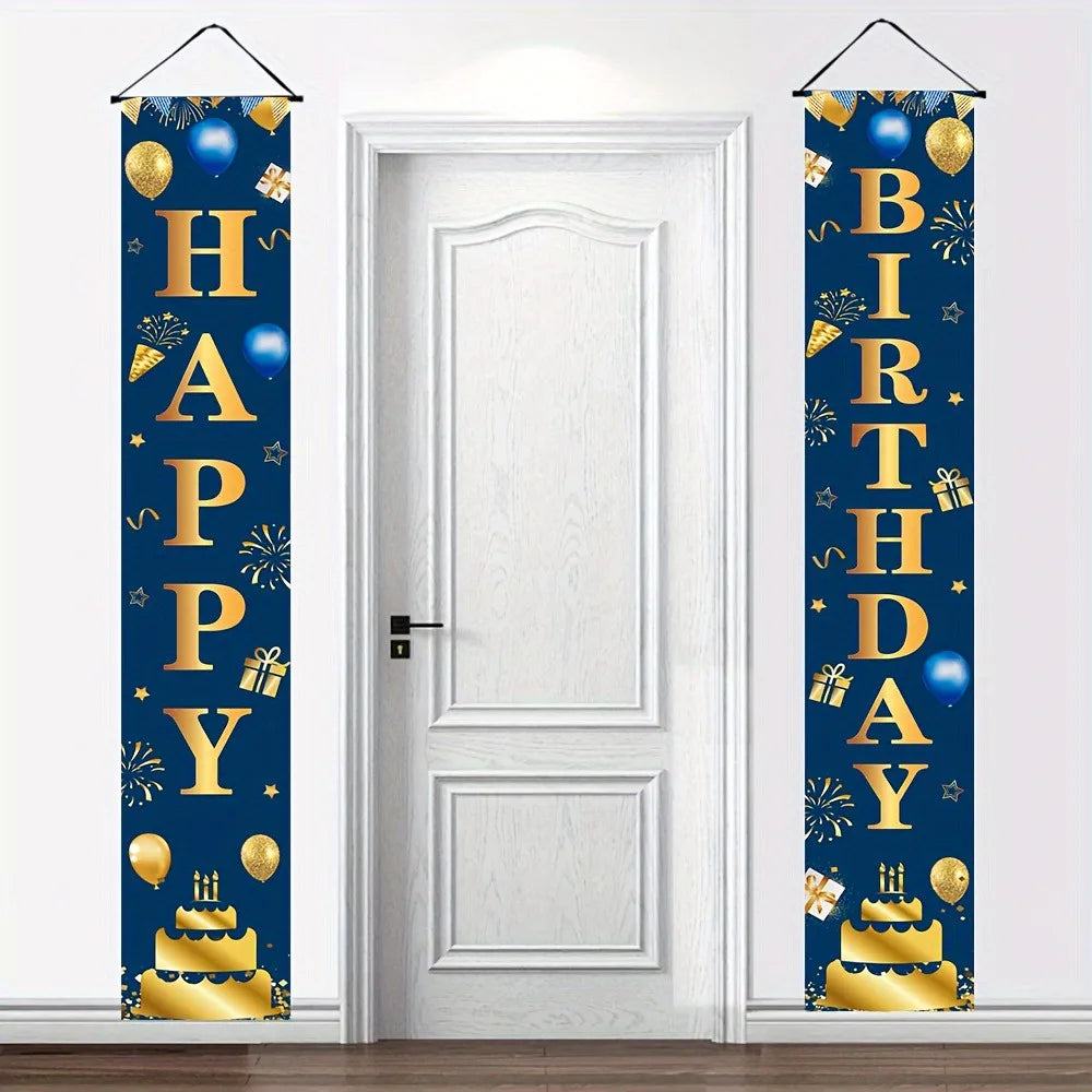 bannières fête anniversaire bleu marine doré lettres joyeux birthday confettis ballons étoiles gâteau doré