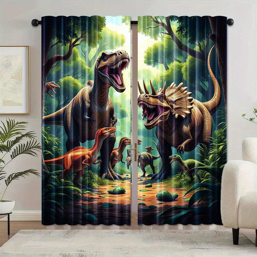 rideau imprimé dinosaures forêt moderne noir vert beige orange jaune pièces