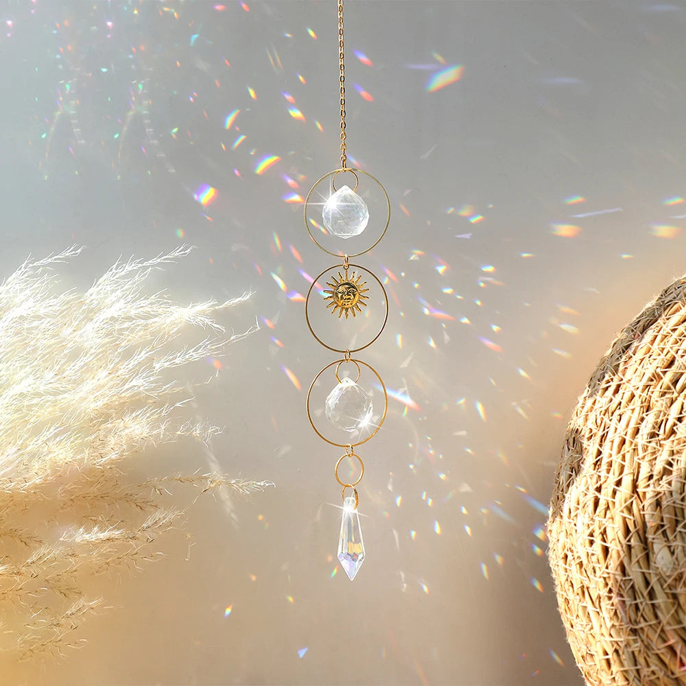 suspension décorative attrape soleil cristal lune soleil étoiles boho extérieur intérieur or transparent