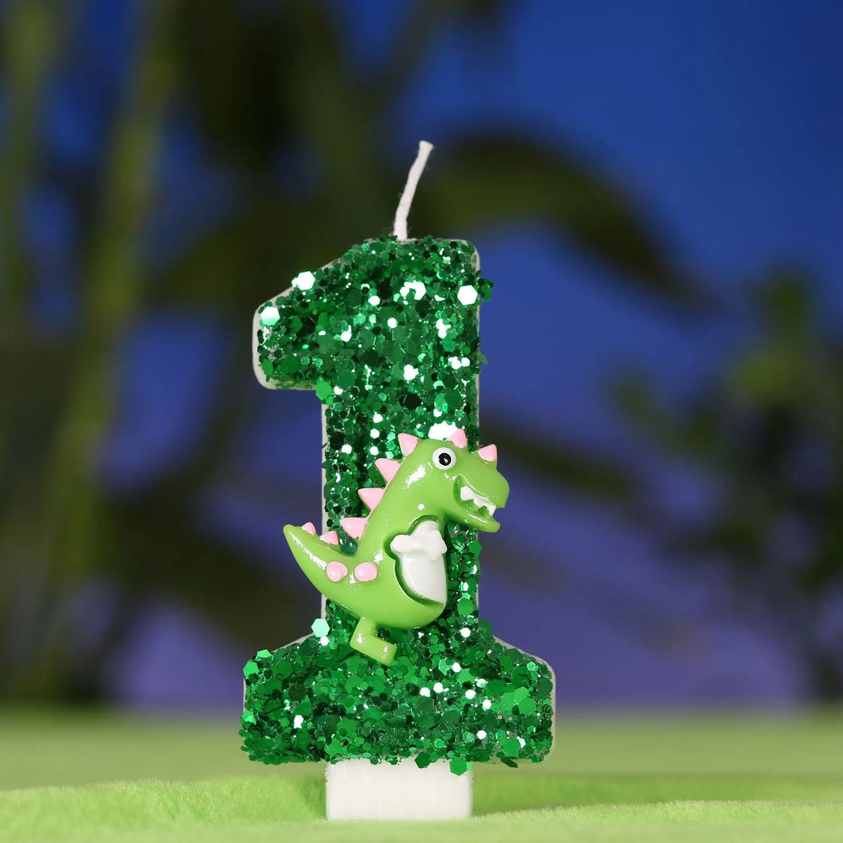bougies anniversaire forme chiffre glitter vert dinosaure décoratives tringle inclusion boîte transparente