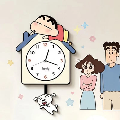 horloge murale dessin animé shin chan personnages chien pendule moderne opacité multicolore chambre