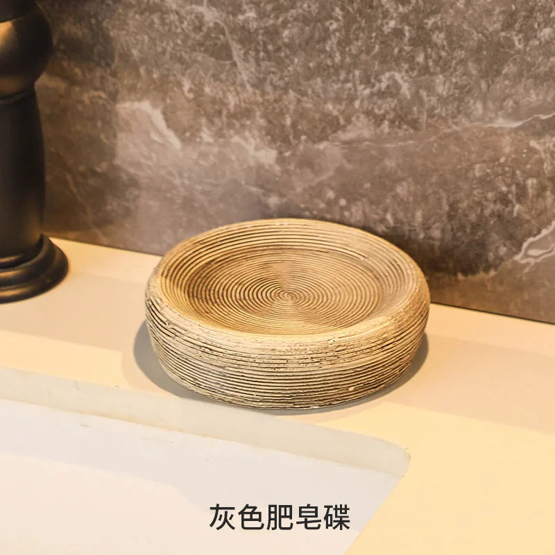 ensemble salle bain moderne tissage texture plateau savon brosse dents gobelet distributeur liquide beige