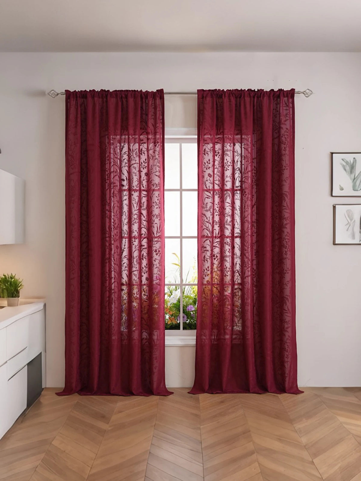 rideau imprimé floral semi transparent moderne polyester rouge bordeaux salon